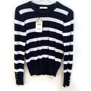 Zara Knit Blue & White Striped Crew Neck Sweater